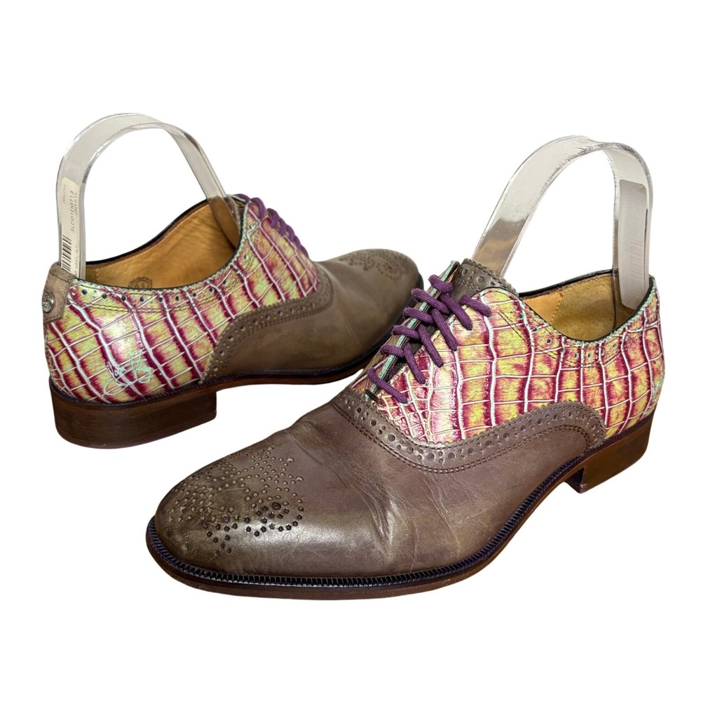 John Fluevog Womens 6.5 City Angels Oxford Brown Multi Croc Embossed Wingtip